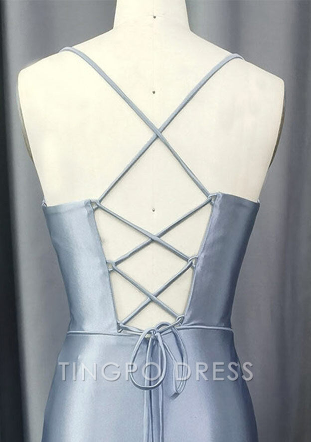 TingPo Wholesale Sheath/Column Sweetheart Sleeveless Sweep Train Silk like Satin Prom Dresses with Pleated Split
