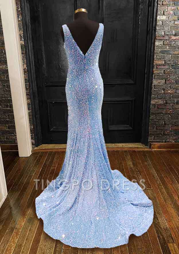 TingPo Wholesale Sheath/Column Trumpet/Mermaid V Neck Sleeveless Velvet Sequins Sweep Train Prom Dress