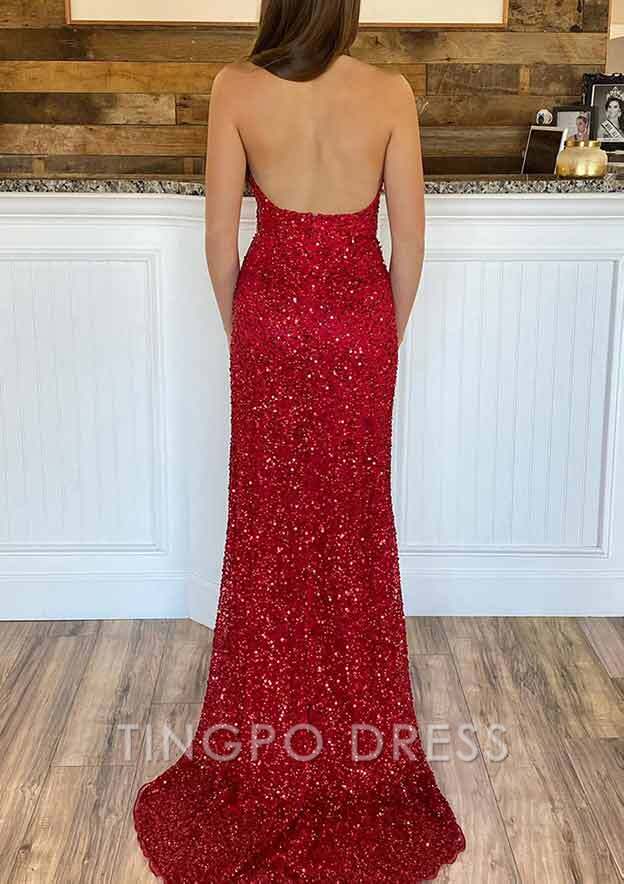 TingPo Wholesale Sheath/Column V Neck Sleeveless Court Train Velvet Sequins Prom Dress With Split