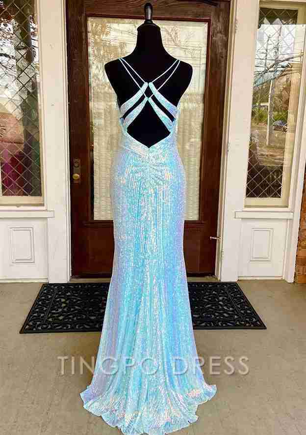 TingPo Wholesale Sheath/Column V Neck Spaghetti Straps Sweep Train Sequined Prom Dress With Split