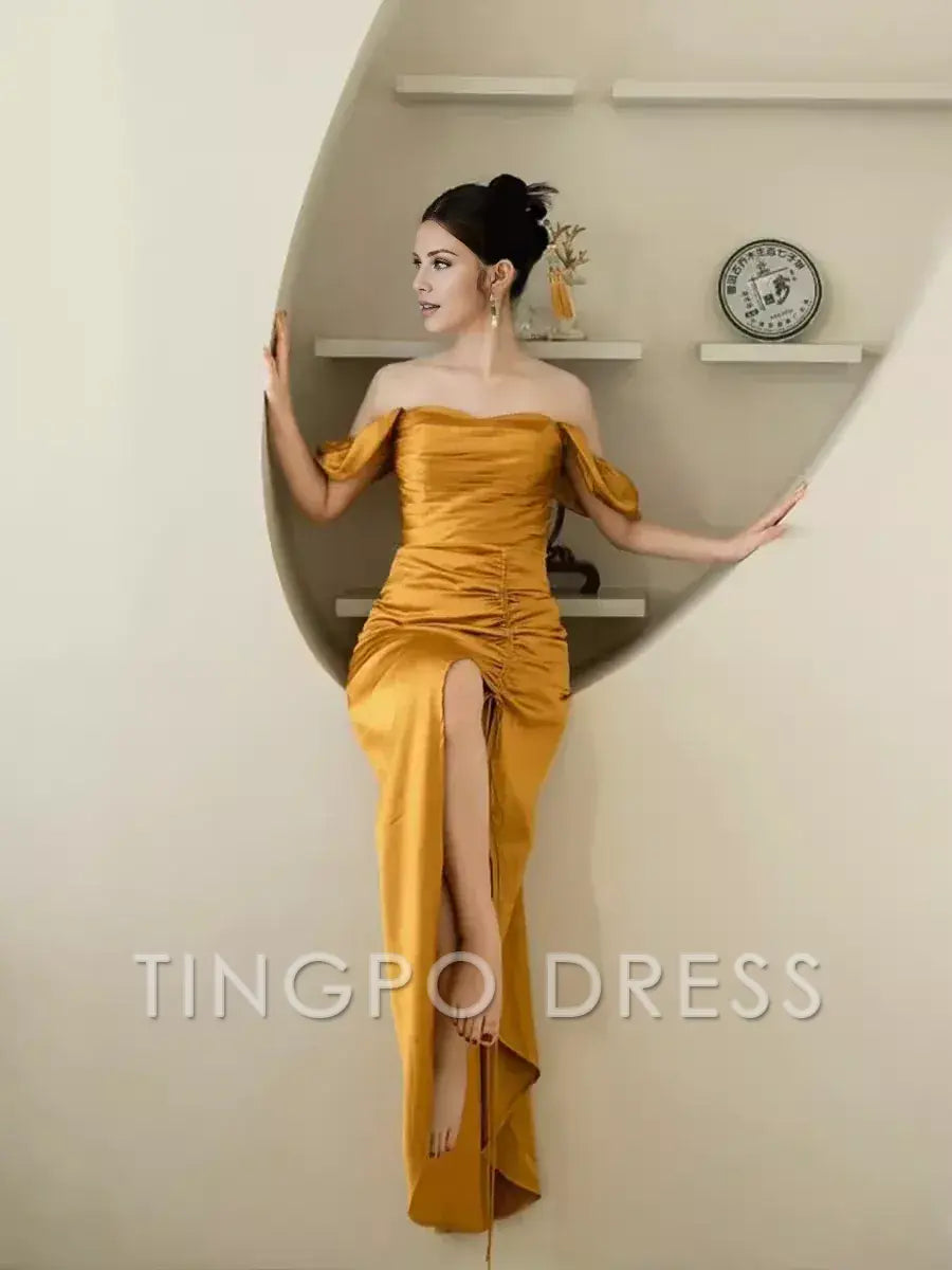 TingPo Wholesale Sheath Off The Shoulder Yellow Prom Dresses Evening Dress