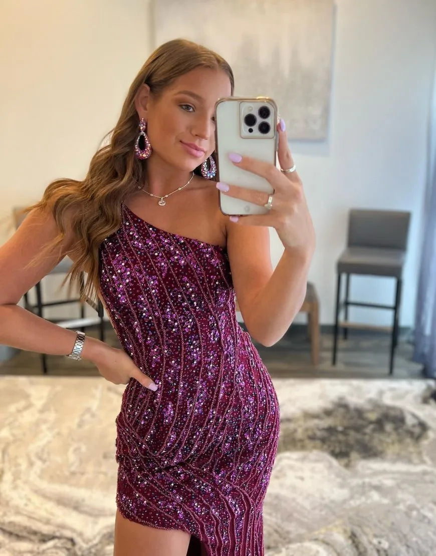 Wholesale Sheath One Shoulder Glitter Prom Dress With Split long prom dresses with sleeves