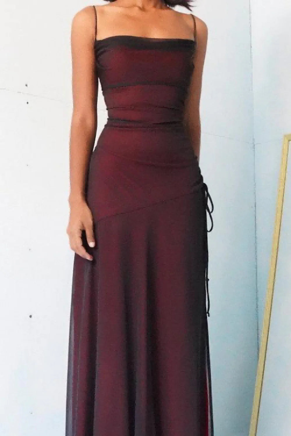TingPo Wholesale Sheath Spaghetti Straps Burgundy Long Prom Dress with Silt
