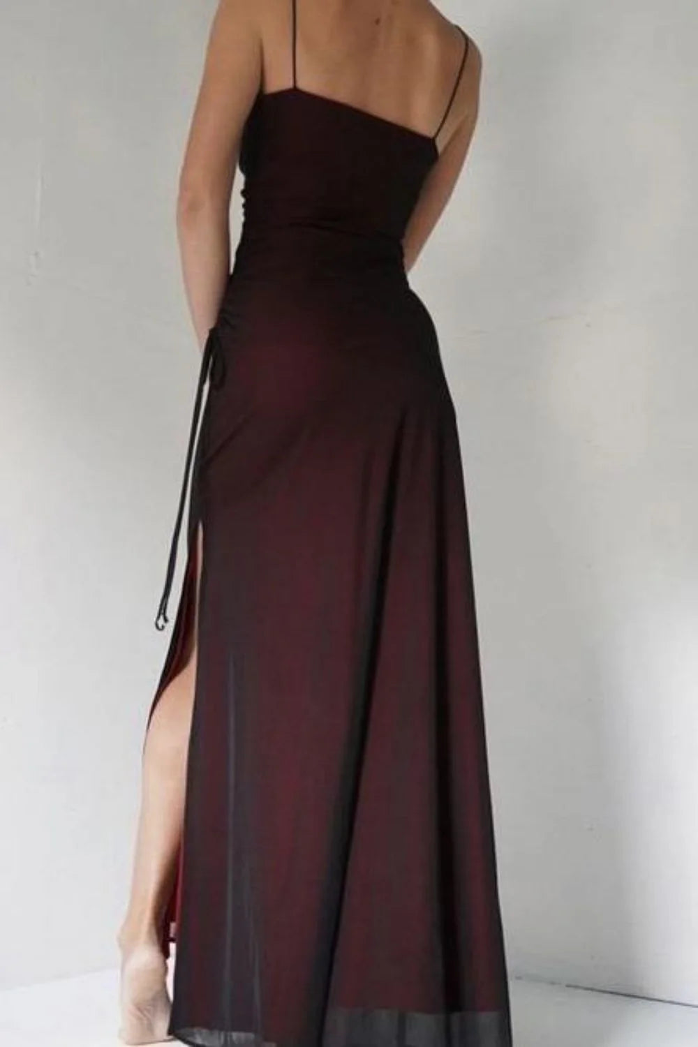 TingPo Wholesale Sheath Spaghetti Straps Burgundy Long Prom Dress with Silt