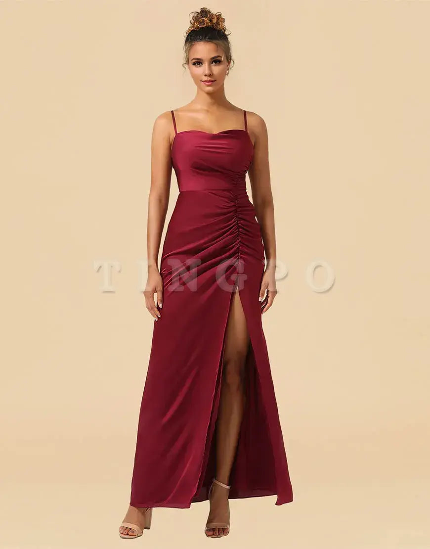Wholesale Sheath Spaghetti Straps Long Satin Bridesmaid Dress With Split Bridesmaid dress shop