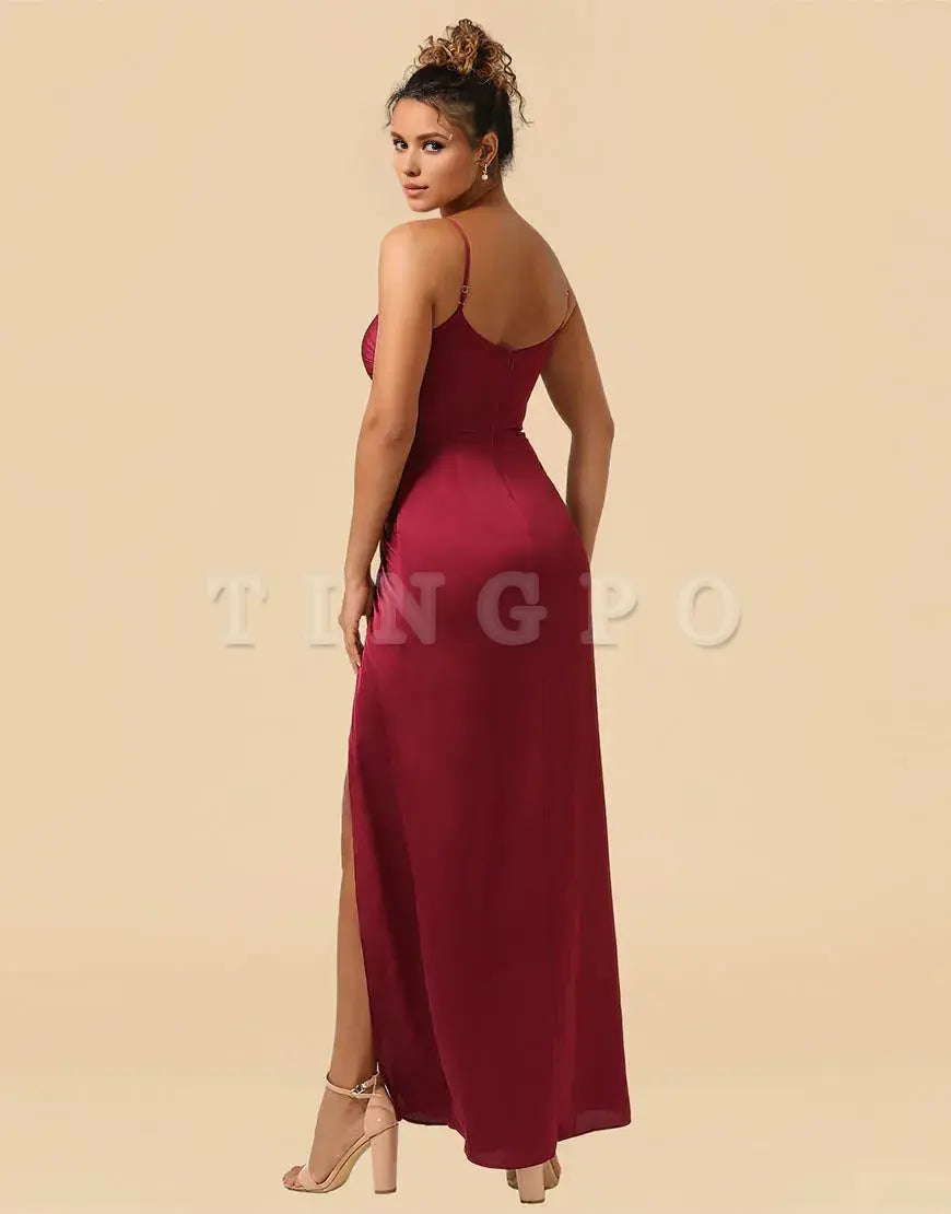 Wholesale Sheath Spaghetti Straps Long Satin Bridesmaid Dress With Split Bridesmaid dress shop