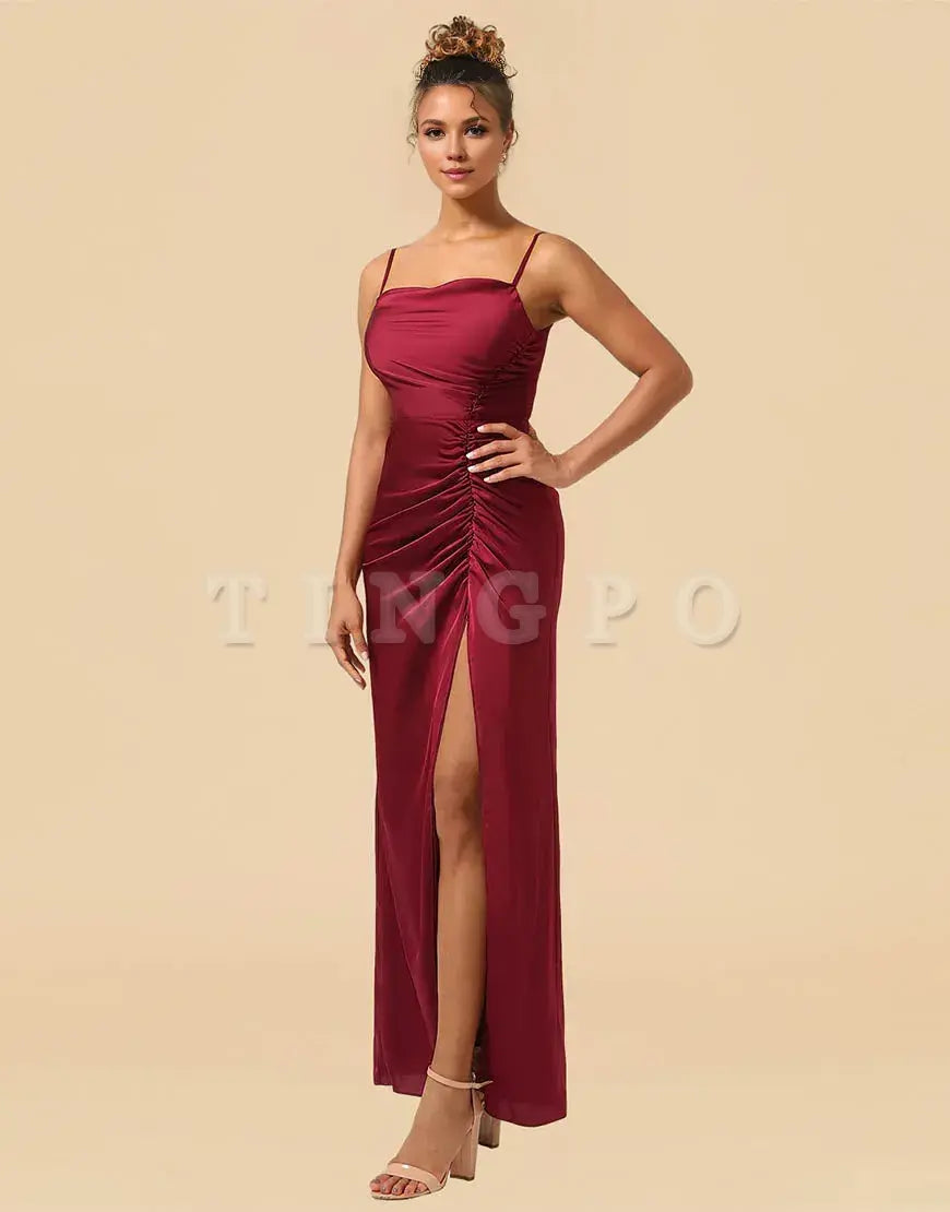 Wholesale Sheath Spaghetti Straps Long Satin Bridesmaid Dress With Split Bridesmaid dress shop