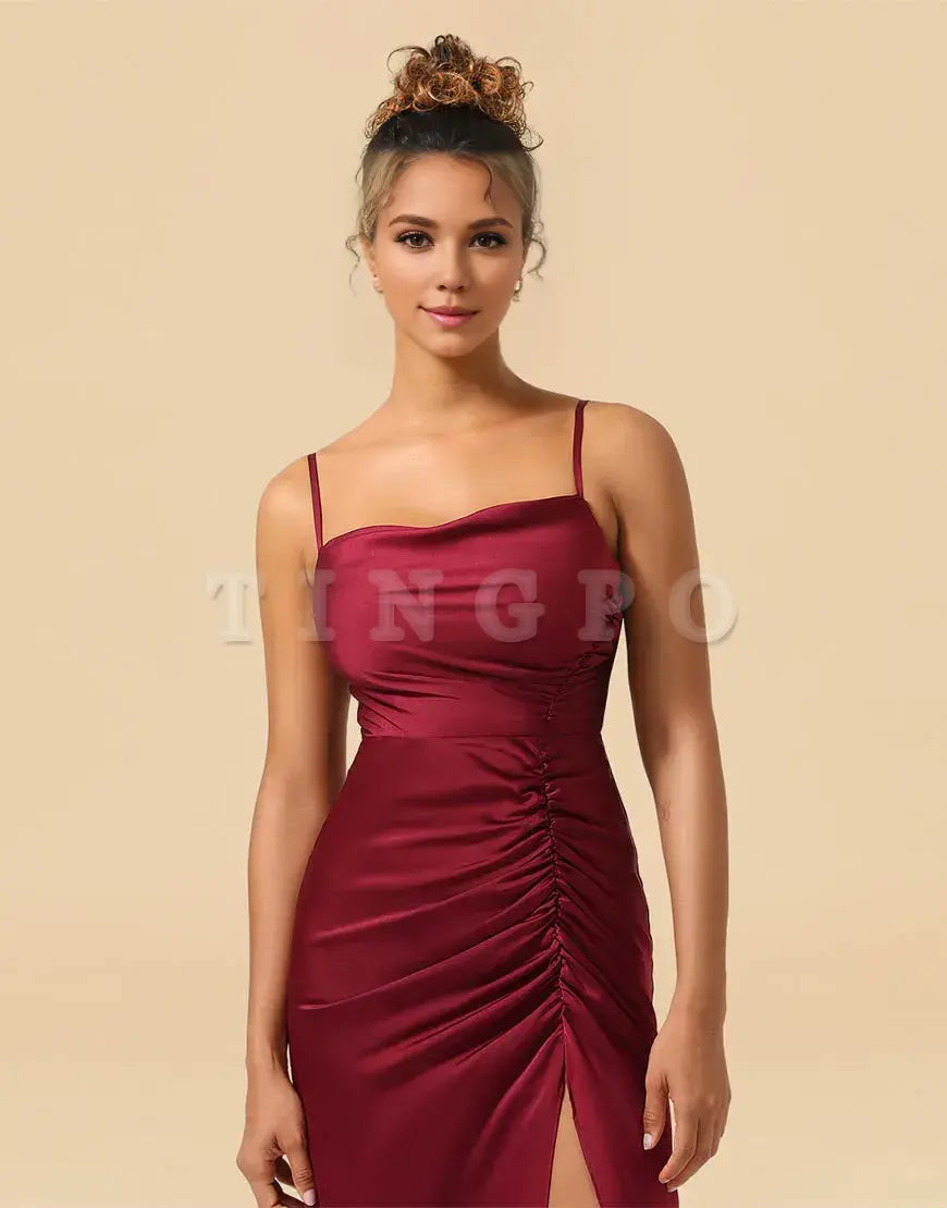 Wholesale Sheath Spaghetti Straps Long Satin Bridesmaid Dress With Split Bridesmaid dress shop