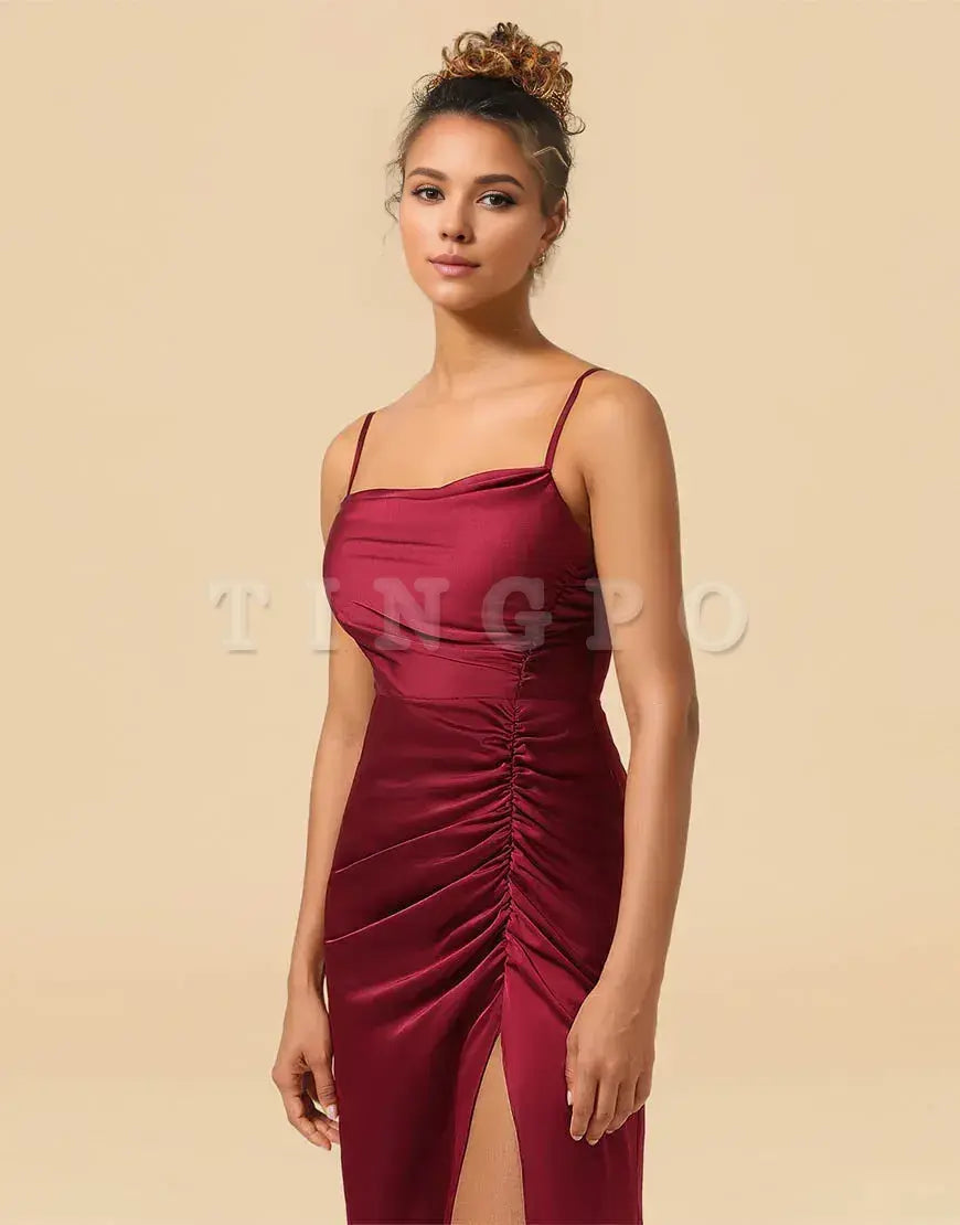Wholesale Sheath Spaghetti Straps Long Satin Bridesmaid Dress With Split Bridesmaid dress shop