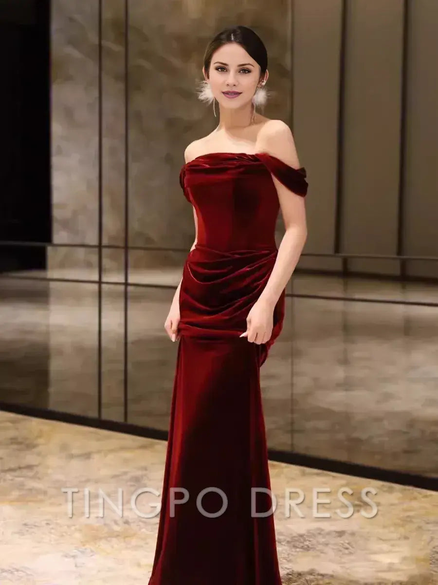 TingPo Wholesale Sheath Strapless Red Velvet Prom Dresses Evening Dress