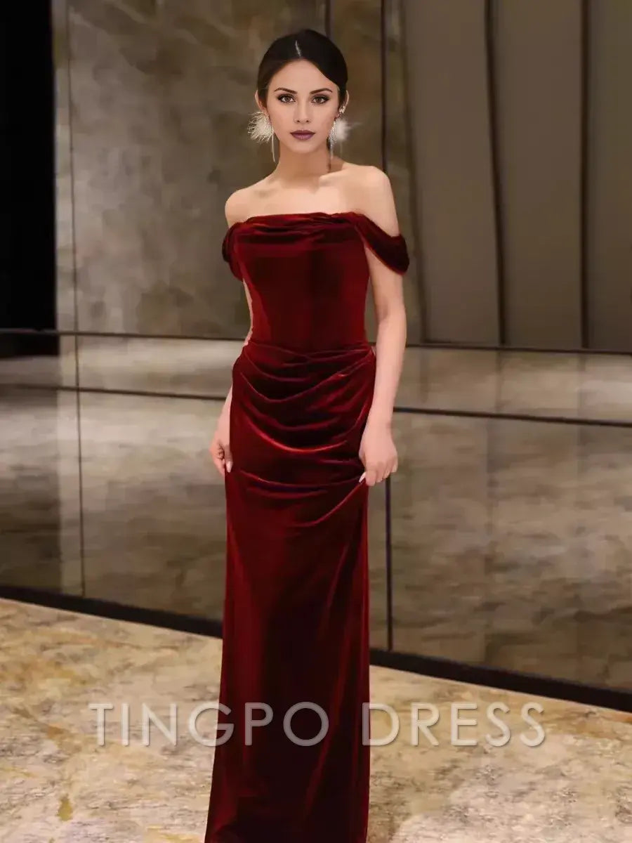 TingPo Wholesale Sheath Strapless Red Velvet Prom Dresses Evening Dress