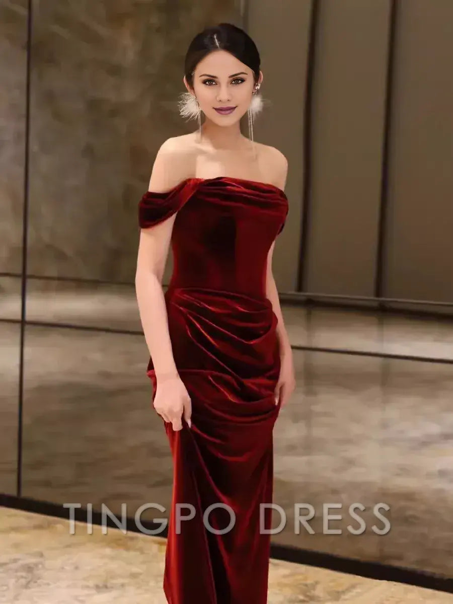 TingPo Wholesale Sheath Strapless Red Velvet Prom Dresses Evening Dress