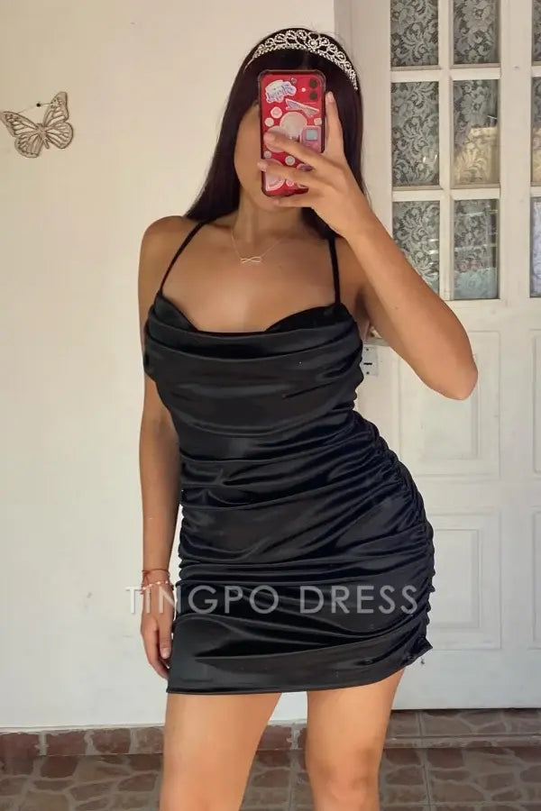 TingPo Wholesale Elegant Sheath Strapless Spaghetti Straps Sleeveless Ruched Black Homecoming Dress Mini Evening Gown Short Party Dress formal wear dresses