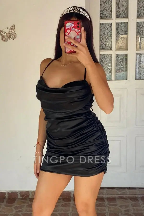 TingPo Wholesale Elegant Sheath Strapless Spaghetti Straps Sleeveless Ruched Black Homecoming Dress Mini Evening Gown Short Party Dress formal wear dresses