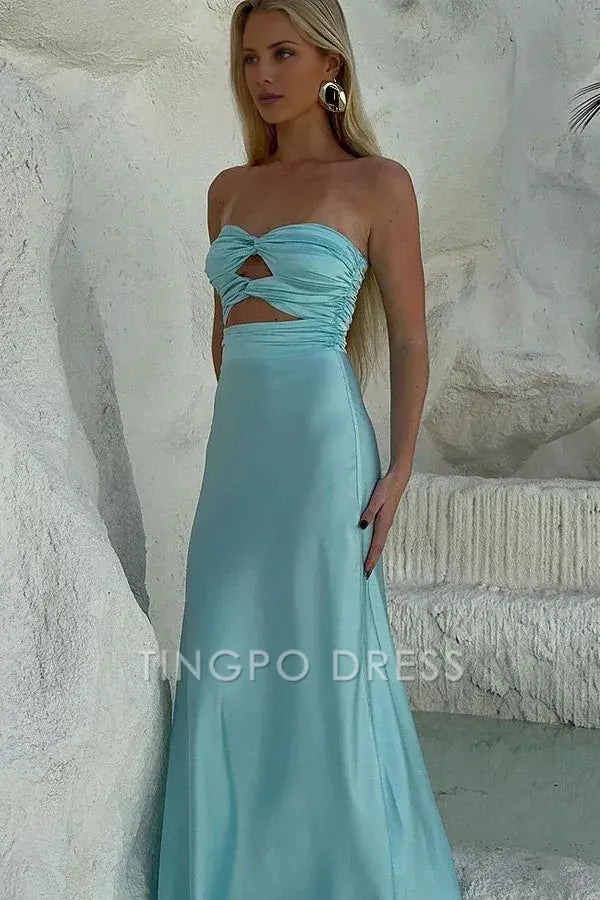 TingPo Wholesale Sheath Strapless Tiffany Blue Long Prom Dress