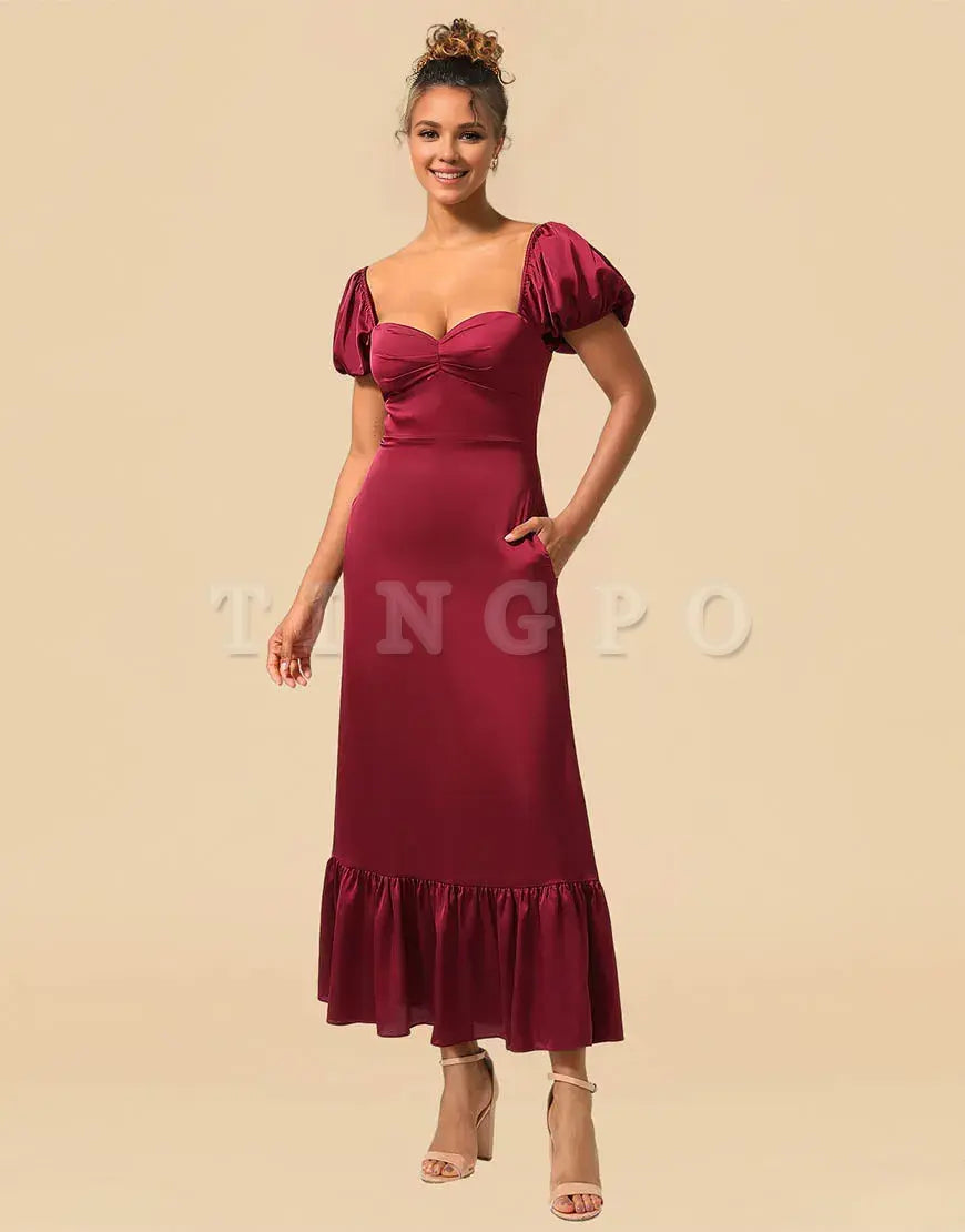 Wholesale Sheath Tea Length Puff Sleeves Satin Bridesmaid Dresses With Split Bridesmaid dress shop