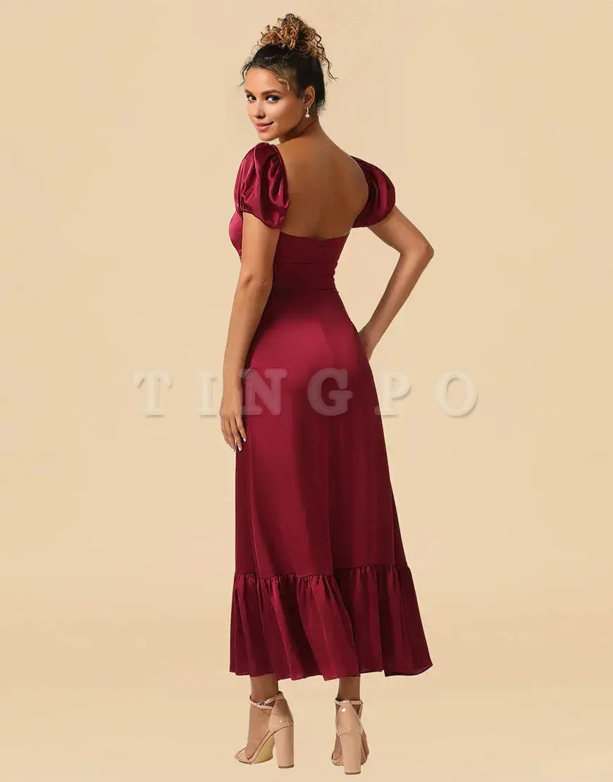Wholesale Sheath Tea Length Puff Sleeves Satin Bridesmaid Dresses With Split Bridesmaid dress shop
