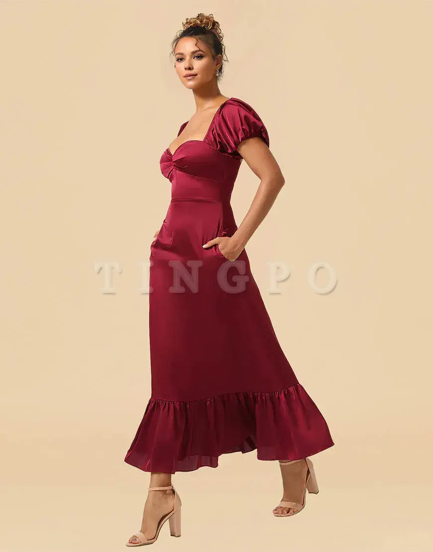 Wholesale Sheath Tea Length Puff Sleeves Satin Bridesmaid Dresses With Split Bridesmaid dress shop