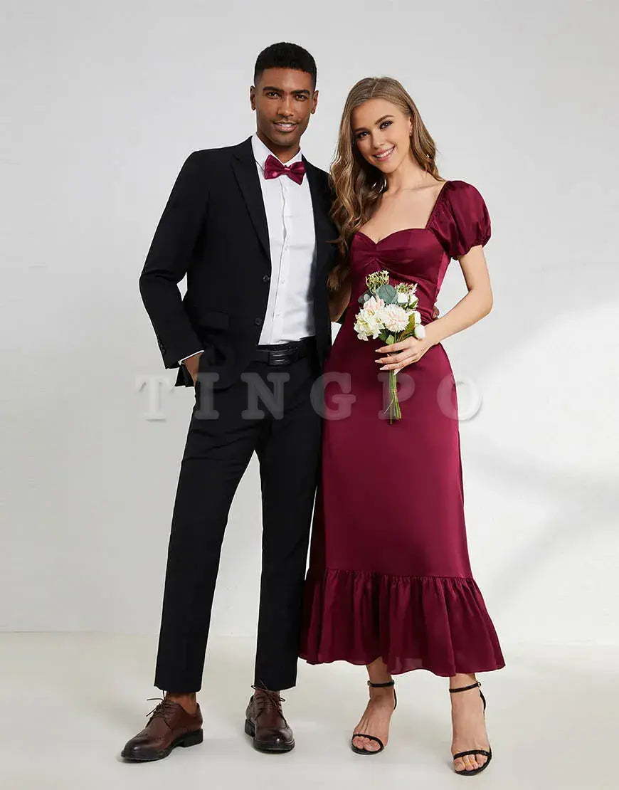 Wholesale Sheath Tea Length Puff Sleeves Satin Bridesmaid Dresses With Split Bridesmaid dress shop