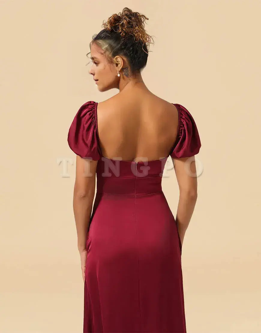 Wholesale Sheath Tea Length Puff Sleeves Satin Bridesmaid Dresses With Split Bridesmaid dress shop