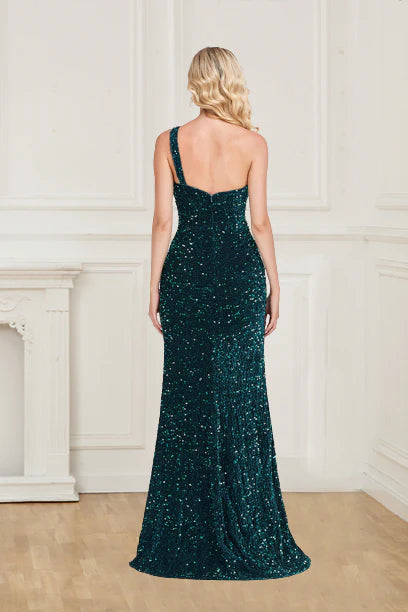 Wholesale Shiny One Shoulder Sequins Floor Length Prom Dresses With Slit