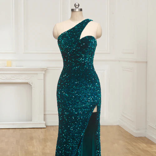 Wholesale Shiny One Shoulder Sequins Floor Length Prom Dresses With Slit