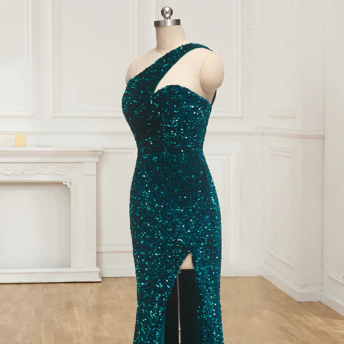 Wholesale Shiny One Shoulder Sequins Floor Length Prom Dresses With Slit