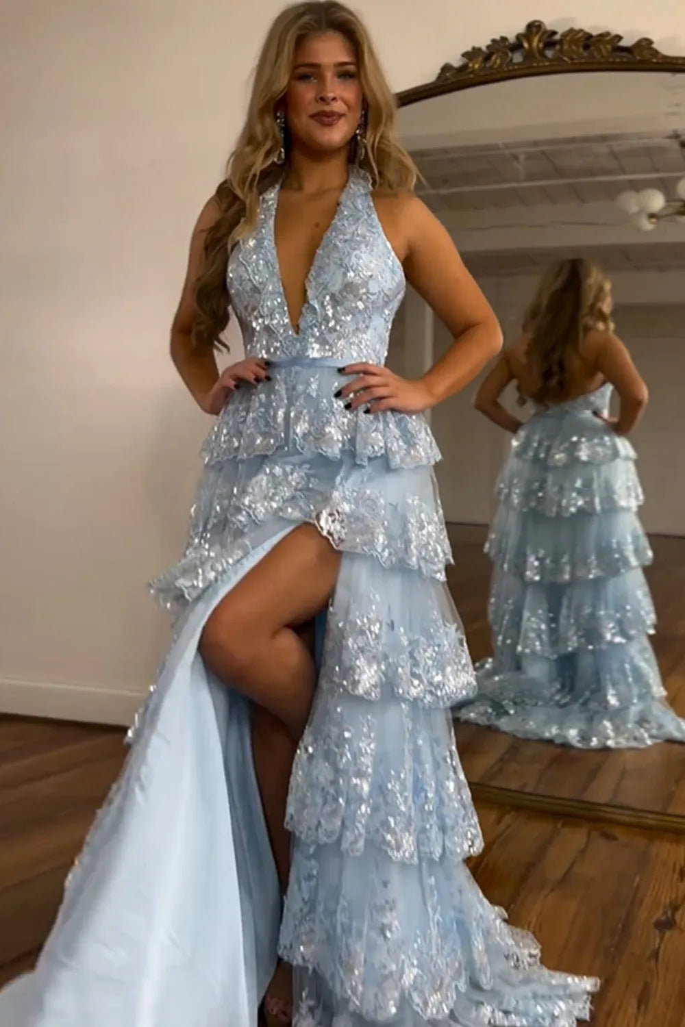 Wholesale Shiny Light Blue A-Line Halter Backless Long Tulle Prom Dress With Split prom dresses shops