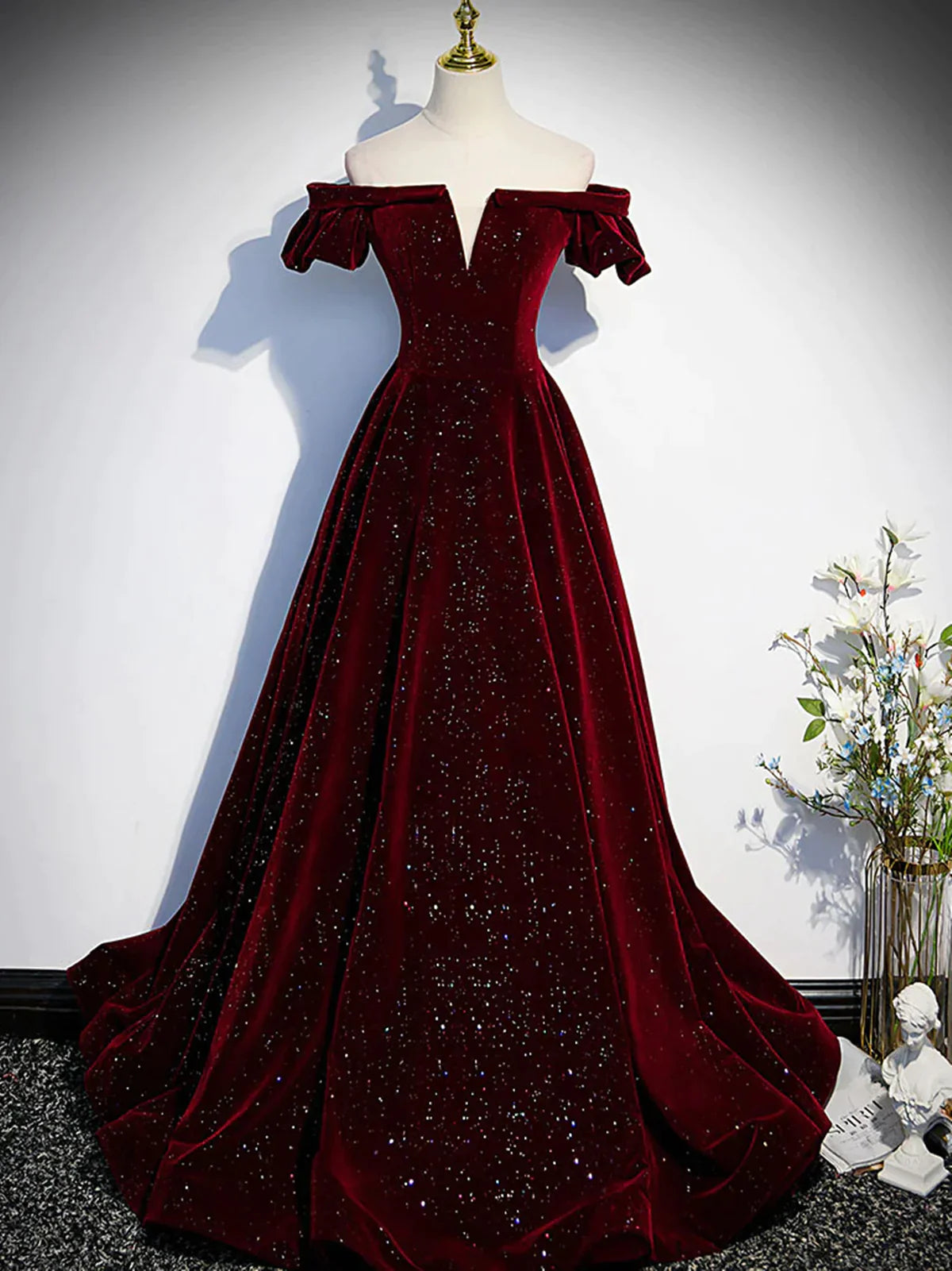 TingPo Wholesale Shiny Off the Shoulder Burgundy Long Prom Dresses