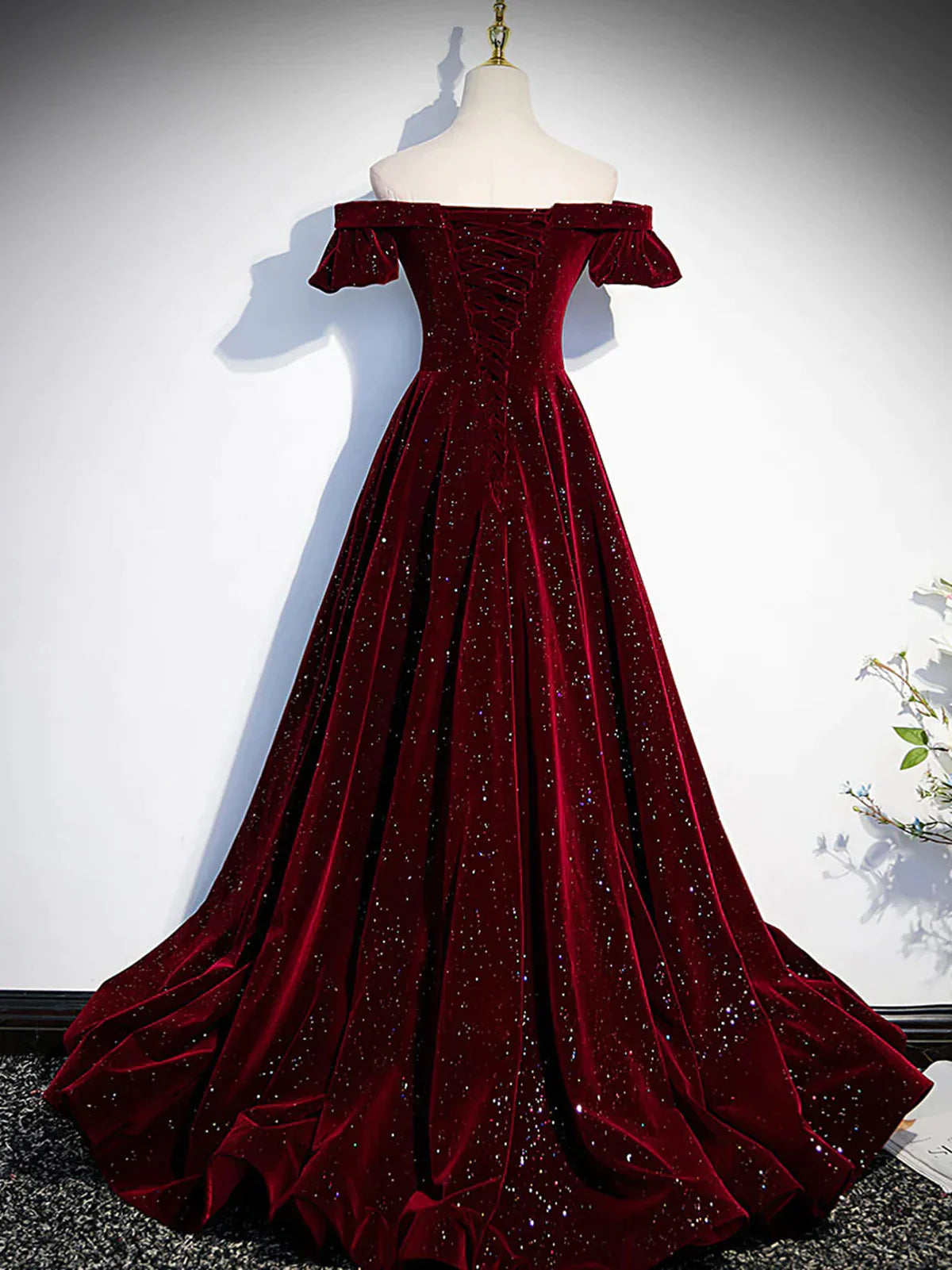 TingPo Wholesale Shiny Off the Shoulder Burgundy Long Prom Dresses