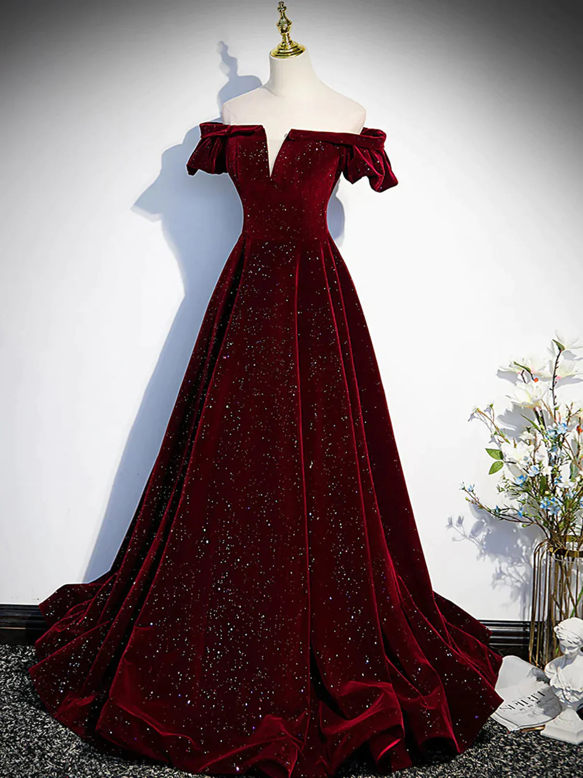 TingPo Wholesale Shiny Off the Shoulder Burgundy Long Prom Dresses
