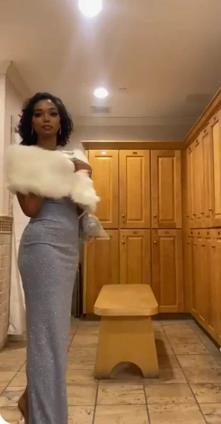 TingPo Wholesale Shiny Spaghetti Straps Tight Blue Mermaid Prom Dress