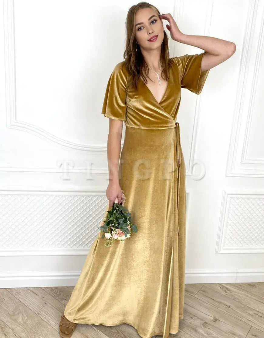 Wholesale Short Sleeves V Neck Gold Knit Bridesmaid Dress Bridesmaid dress shop