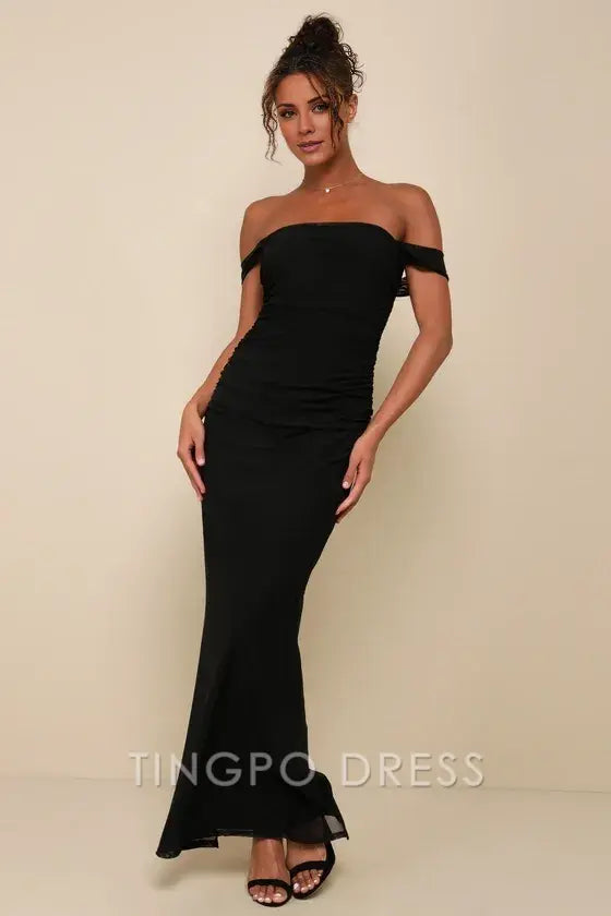 TingPo Wholesale Signature Elegance Amazing Presence Black Mesh Ruched Column Maxi Dress formal wear dresses