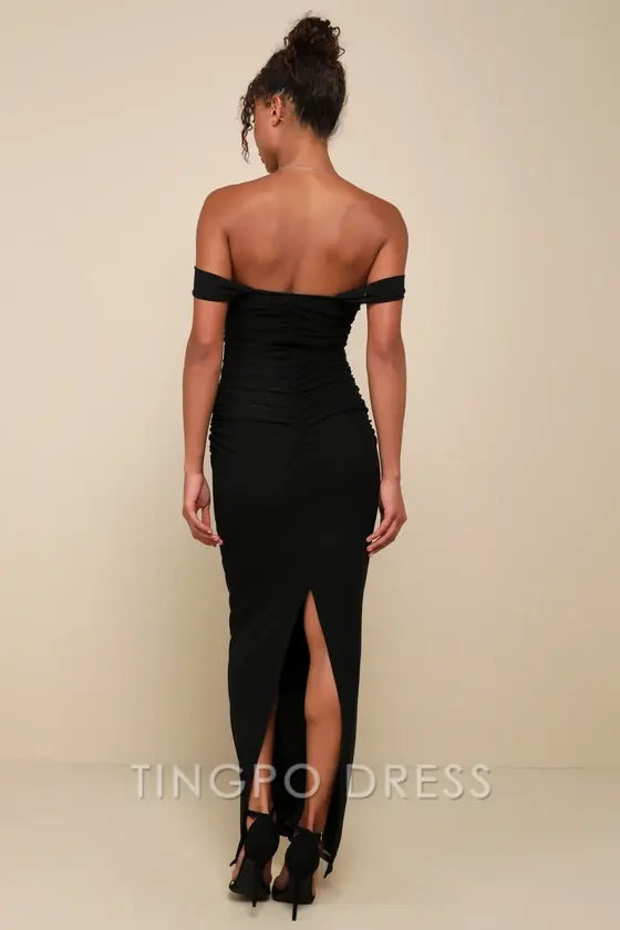 TingPo Wholesale Signature Elegance Amazing Presence Black Mesh Ruched Column Maxi Dress formal wear dresses