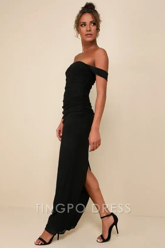 TingPo Wholesale Signature Elegance Amazing Presence Black Mesh Ruched Column Maxi Dress formal wear dresses