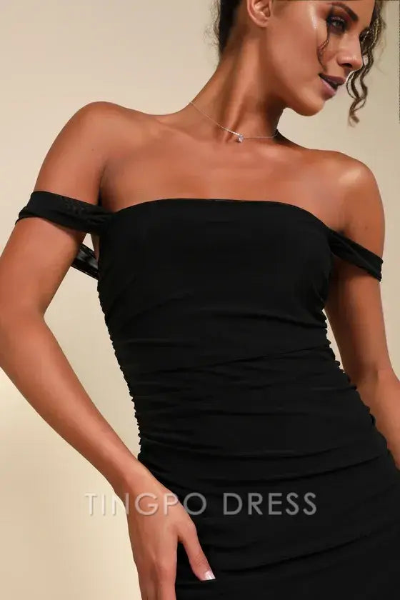 TingPo Wholesale Signature Elegance Amazing Presence Black Mesh Ruched Column Maxi Dress formal wear dresses