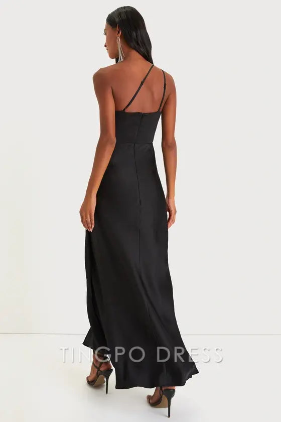 TingPo Wholesale Signature Elegance Black Satin One-Shoulder Maxi Dress formal wear dresses