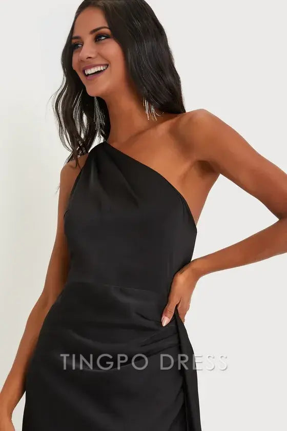 TingPo Wholesale Signature Elegance Black Satin One-Shoulder Maxi Dress formal wear dresses