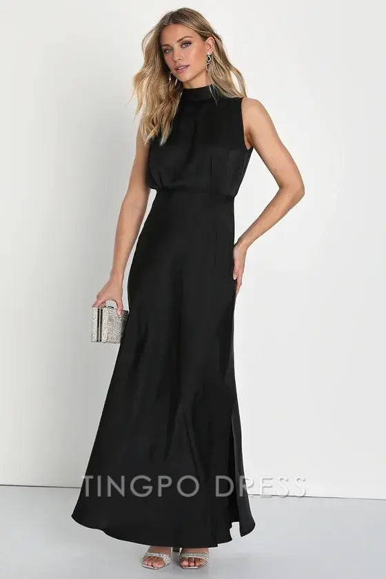 TingPo Wholesale Signature Elegance Black Satin Sleeveless Mock Neck Maxi Dress formal wear dresses