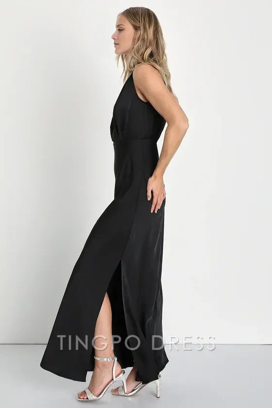 TingPo Wholesale Signature Elegance Black Satin Sleeveless Mock Neck Maxi Dress formal wear dresses