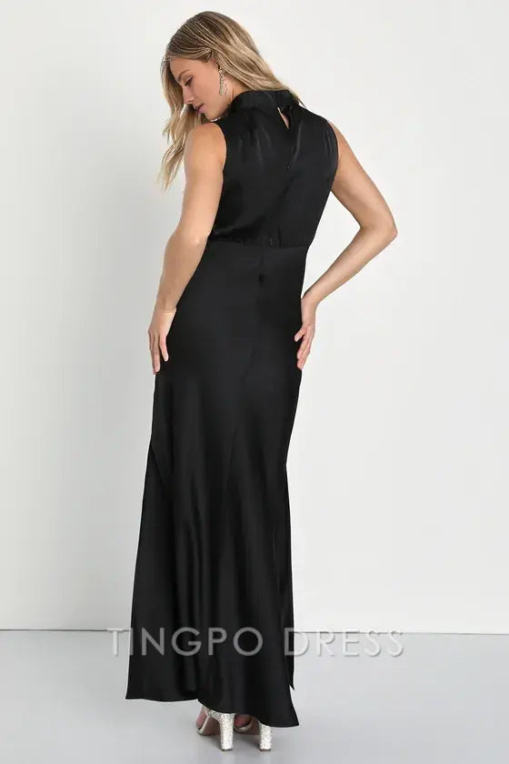 TingPo Wholesale Signature Elegance Black Satin Sleeveless Mock Neck Maxi Dress formal wear dresses