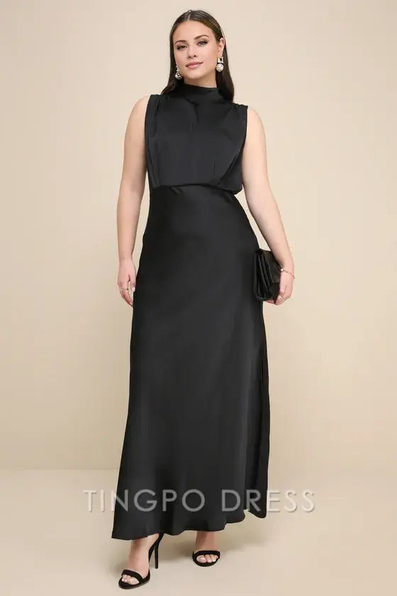 TingPo Wholesale Signature Elegance Black Satin Sleeveless Mock Neck Maxi Dress formal wear dresses