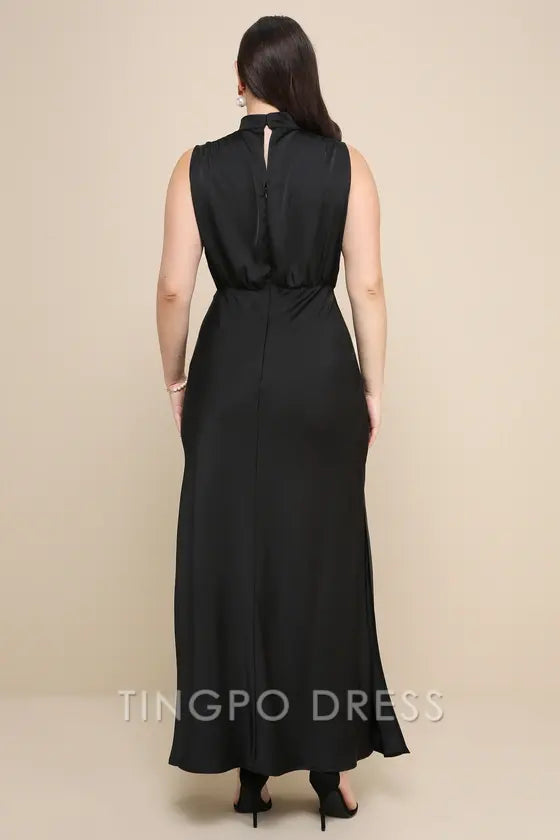 TingPo Wholesale Signature Elegance Black Satin Sleeveless Mock Neck Maxi Dress formal wear dresses
