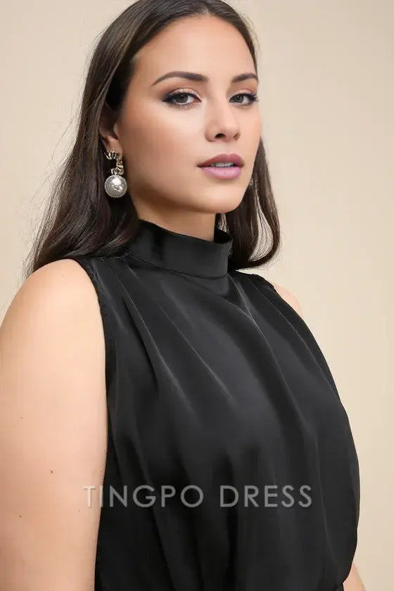 TingPo Wholesale Signature Elegance Black Satin Sleeveless Mock Neck Maxi Dress formal wear dresses