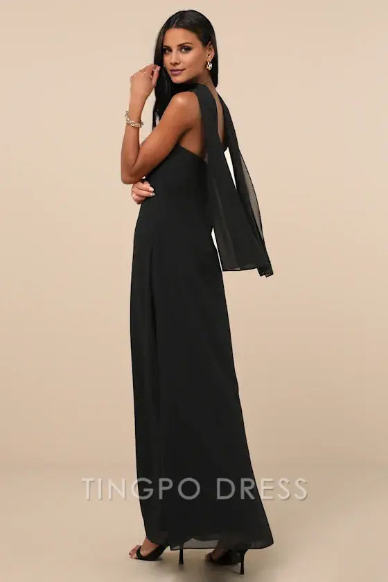 TingPo Wholesale Signature Elegance Black Strapless Maxi Dress and Scarf Set formal wear dresses