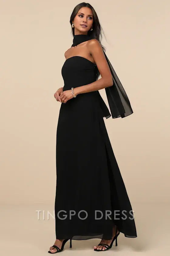 TingPo Wholesale Signature Elegance Black Strapless Maxi Dress and Scarf Set formal wear dresses
