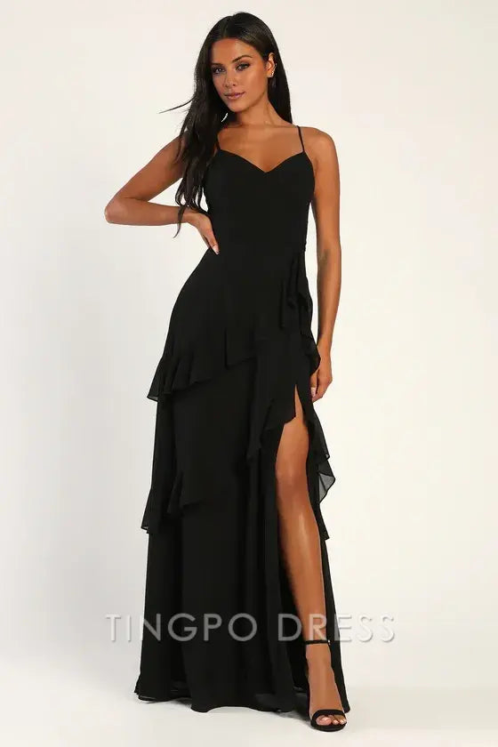 TingPo Wholesale Signature Elegance Blessed with Beauty Black Ruffled Sleeveless Maxi Dress formal wear dresses