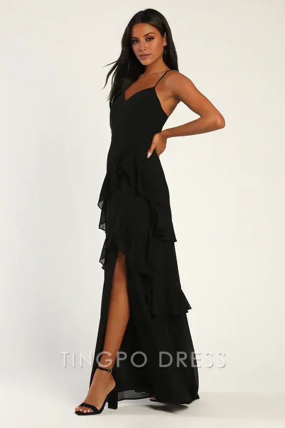 TingPo Wholesale Signature Elegance Blessed with Beauty Black Ruffled Sleeveless Maxi Dress formal wear dresses