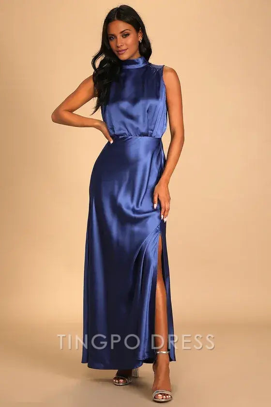 TingPo Wholesale Signature Elegance Blue Satin Sleeveless Mock Neck Maxi Dress formal wear dresses ﻿